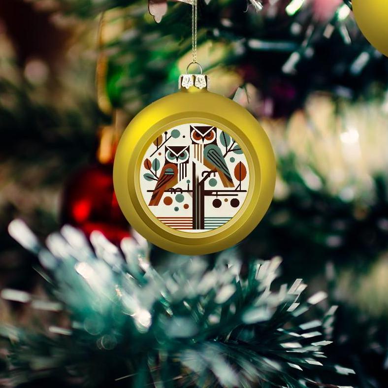 Ornament Set of 2 or 4, Festive Holiday Decor, Christmas Ball Decoration, Custom Mid-Century Modern Design, Owl Lover, Unique Tree Trim