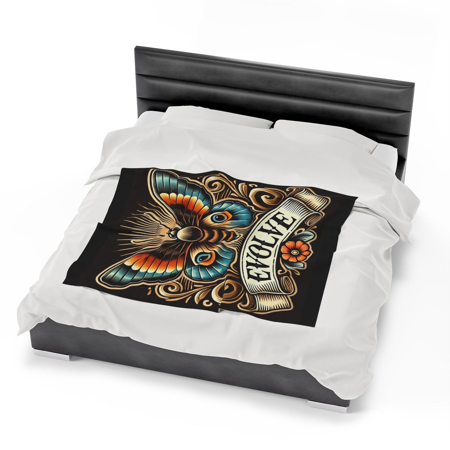 Butterly Plush Blanket - Vintage Tattoo EVOLVE Design, Fleece Throw, Housewarming Gift, Nature Theme, Warm Bedding, Tattoo Lover