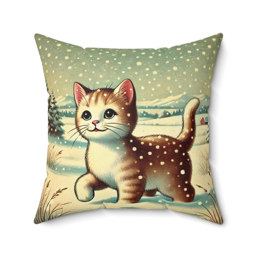 Christmas Cat Throw Pillow (14"x14" Square), Holiday Decor, Vintage Charm, Cat Lovers Gift