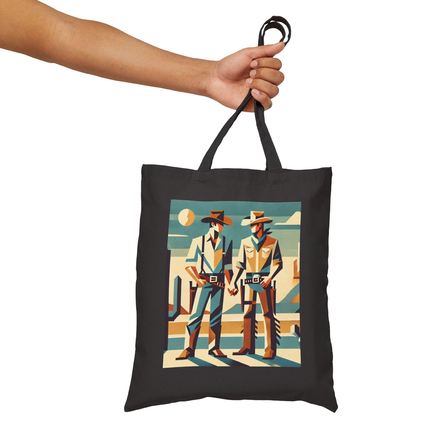 Canvas Tote Bag, Modern Southwestern Gay Cowboys Holding Hands Design, LGBT Eco-Friendly Bag, Queer Book Lover Gift, Reusable Grocery Bag