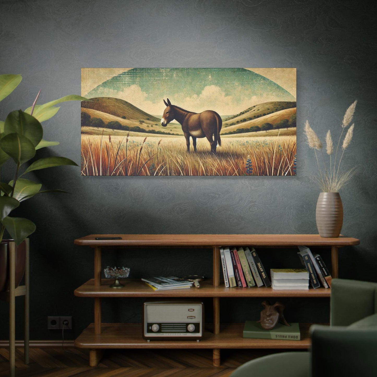 Original Primitive Folk Art Mule Canvas Print, Matte Stretched Art, 7 Sizes Available, Wall Decor, Landscape Painting, Home Office Decor