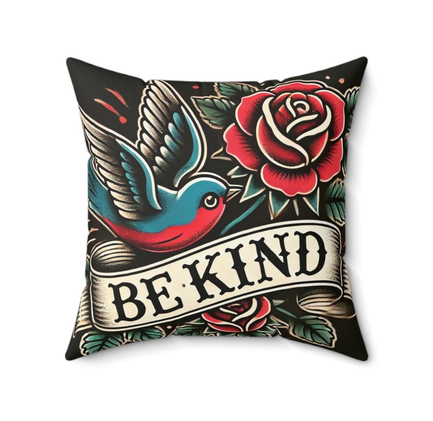 Square Pillow, Vintage Tattoo BE KIND Design, Retro Charm, Housewarming Gift, Spun Polyester Cushion Cover, Tattoo Lover, Soft Throw Pillow