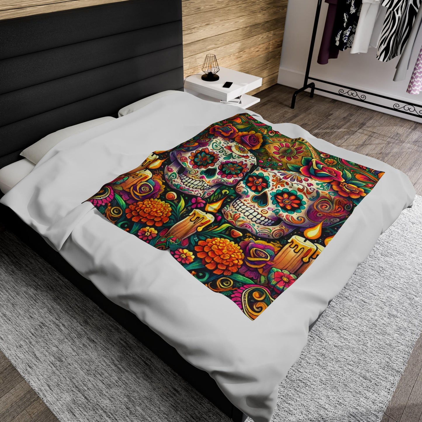 Plush Blanket, Day of the Dead, Sugar Skulls, Housewarming Gift, Soft Fleece Throw, Warm Bedding, Velveteen Blanket, Home Decor, Halloween