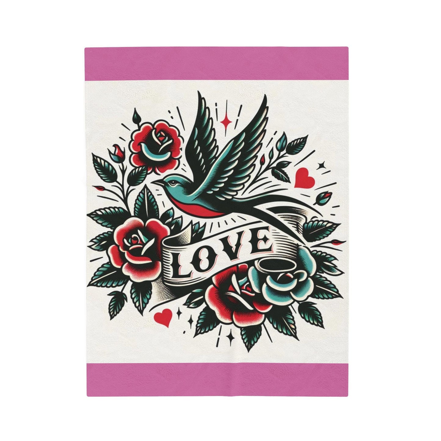 Bird Plush Blanket - Vintage Tattoo LOVE Design, Fleece Throw, Housewarming Gift, Nature Theme, Warm Bedding, Tattoo Lover