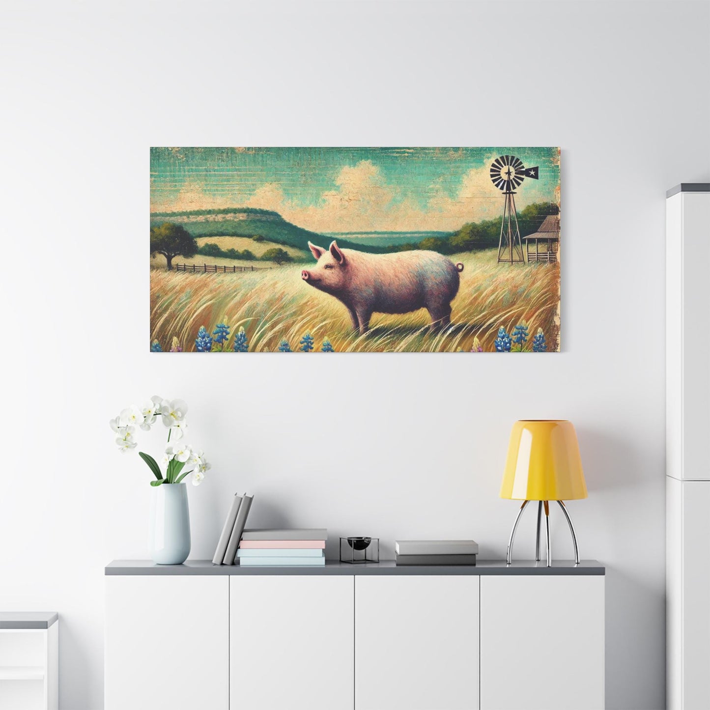 Original Primitive Folk Art Pig Canvas Print, Matte Stretched Wall Art, 7 Sizes Available, Landscape Painting, Home Office Decor, Pig Lover