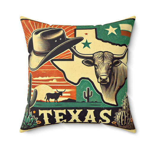 Texas Longhorn Square Pillow, Vintage Cowboy Charm, Housewarming Gift, Rustic Decor, Birthday Gift, Spun Polyester Pillow