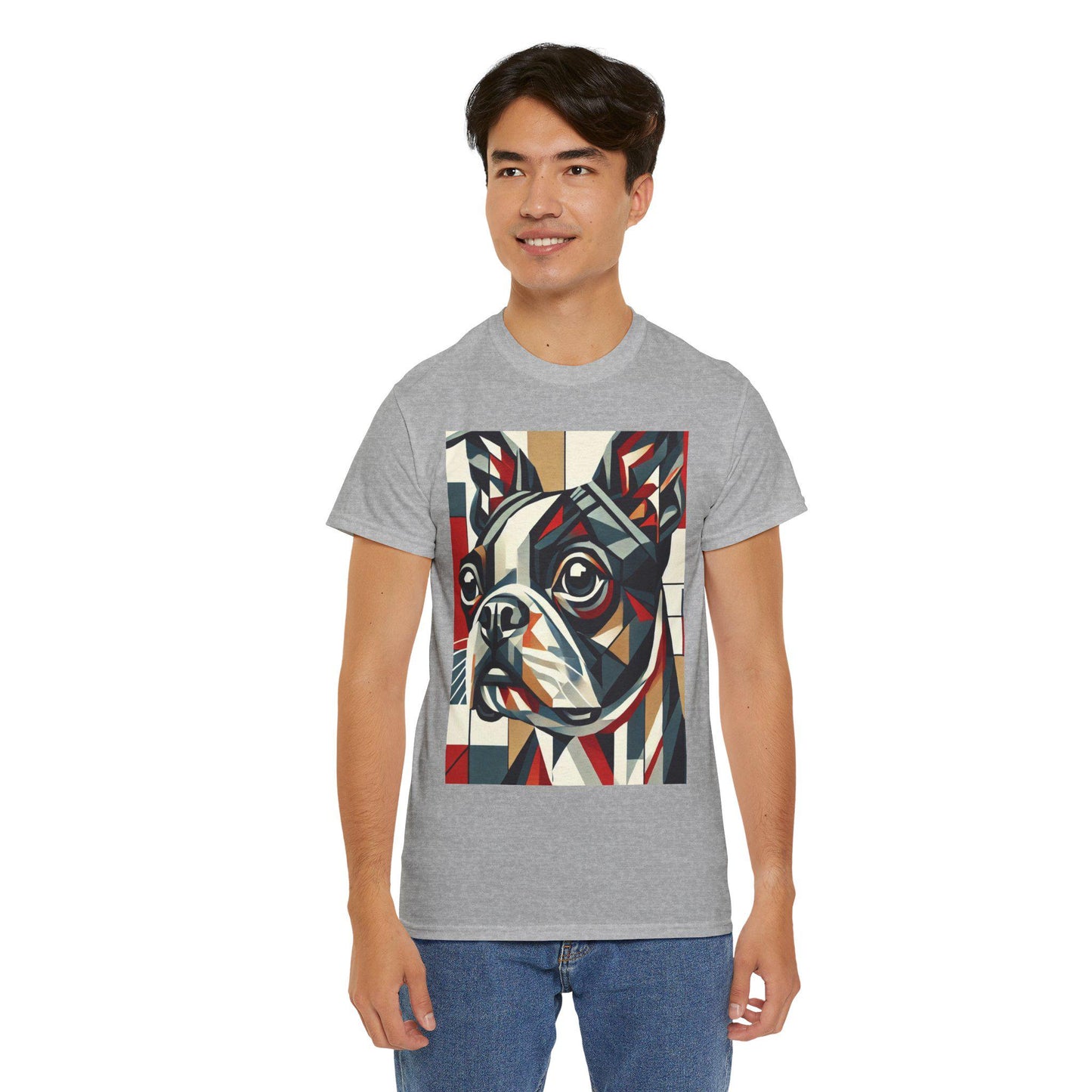 Dog Tee, Boston Terrier Modern Cubist Sketch Design, Unisex LGBT Boston Lover Gift, Gay Graphic Top, Unisex Heavy Cotton T-shirt, 7 Colors