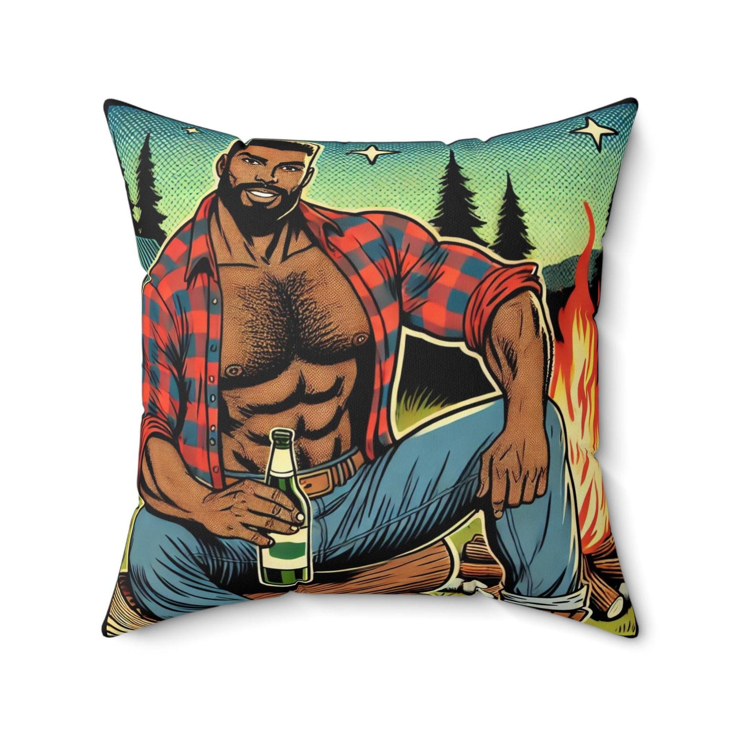 Campfire Daddy Square Pillow, Vintage Pop Art Design, Retro Charm, LGBT Housewarming Gift, Soft Throw Pillow, Gay Rough Trade, Gay Camping