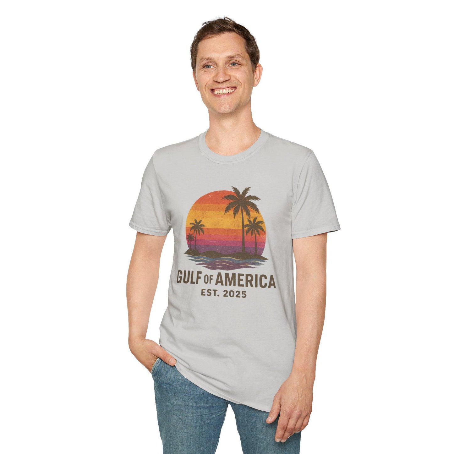 Gulf of America Retro Unisex Softstyle T-Shirt, Beach Sunset Shirt, Summer Vacation Apparel, Tropical Graphic Tee, Great Again Casual Wear