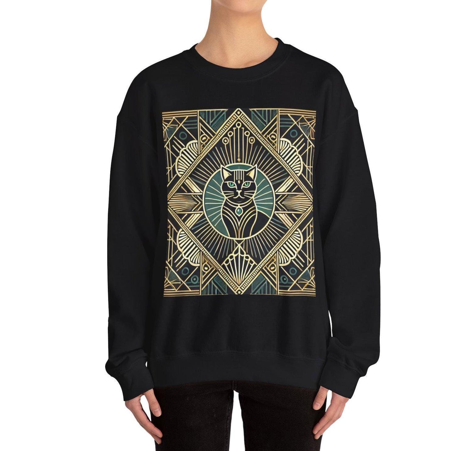 Cat Sweatshirt, Art Deco Design, Unisex Crewneck Jumper, Vintage Pullover, Gift for Cat Lover, Retro Style