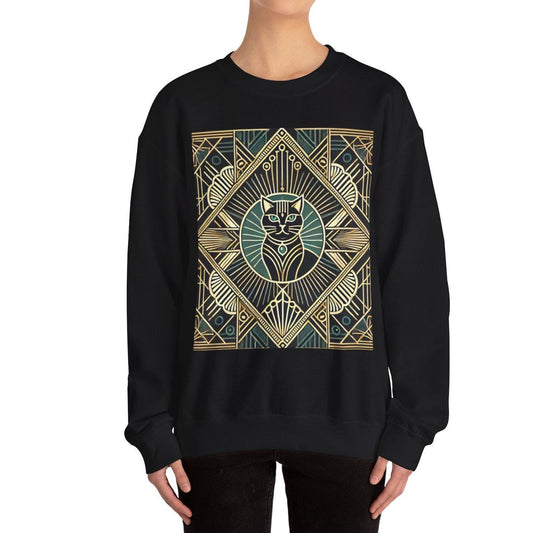 Cat Sweatshirt, Art Deco Design, Unisex Crewneck Jumper, Vintage Pullover, Gift for Cat Lover, Retro Style
