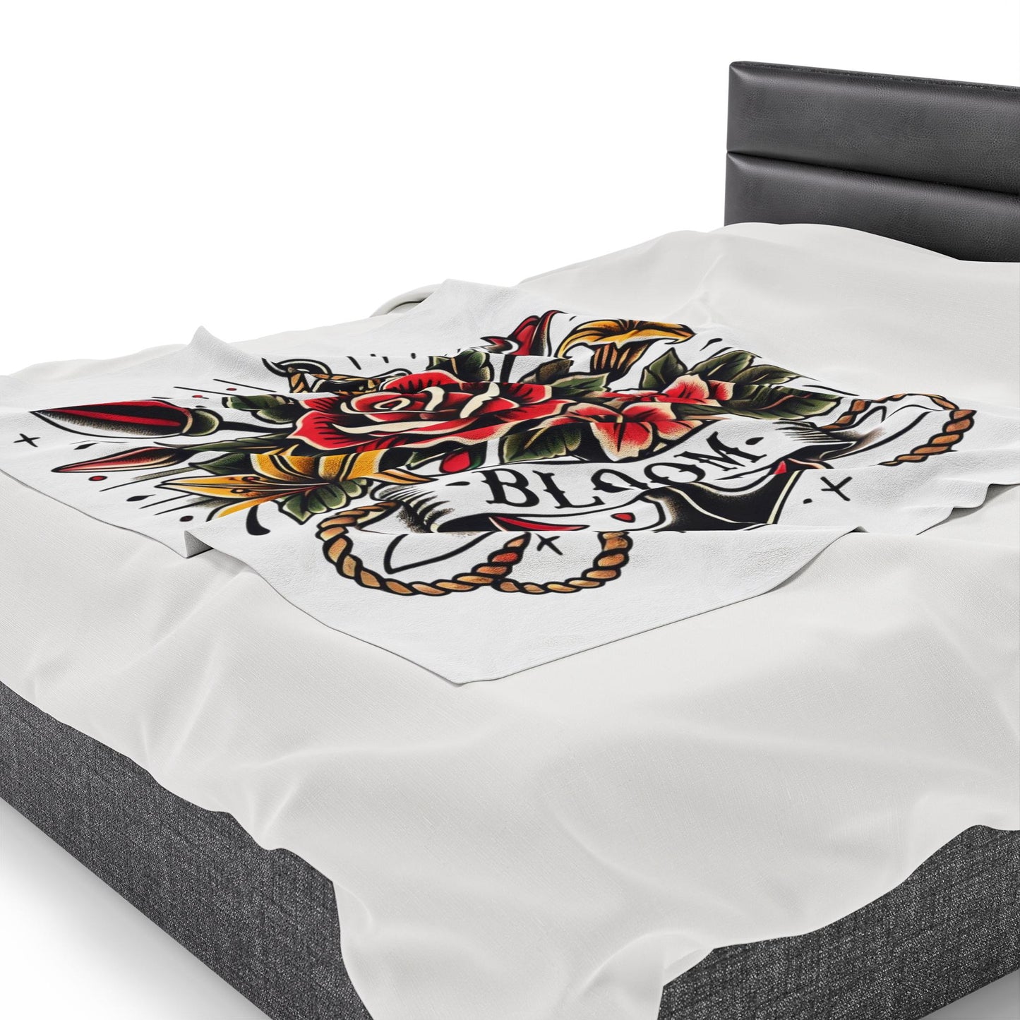 Floral Plush Blanket - Vintage Sailor Tattoo BLOOM Design, Fleece Throw, Housewarming Gift, Nature Theme, Warm Bedding, Tattoo Lover