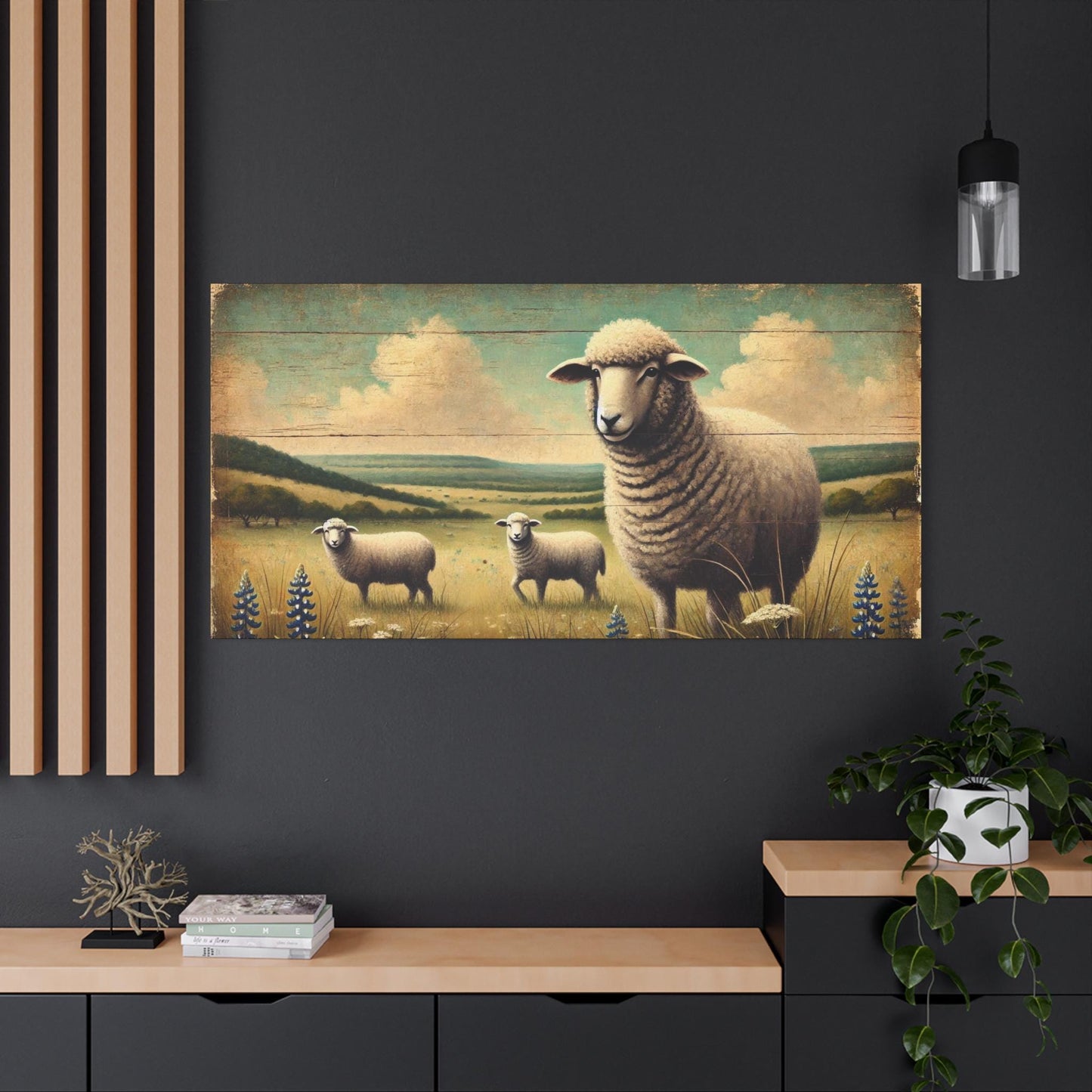 Original Primitive Folk Art Sheep Canvas Print, Matte Stretched Art, 7 Sizes Available, Wall Decor, Landscape Painting, Home Office Decor