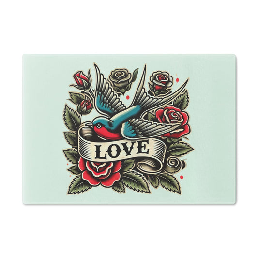 Cutting Board, Vintage Tattoo LOVE Design, Cool Kitchen Decor - Housewarming Gift, Foodie Gift, Bird Gift, Tattoo Lover