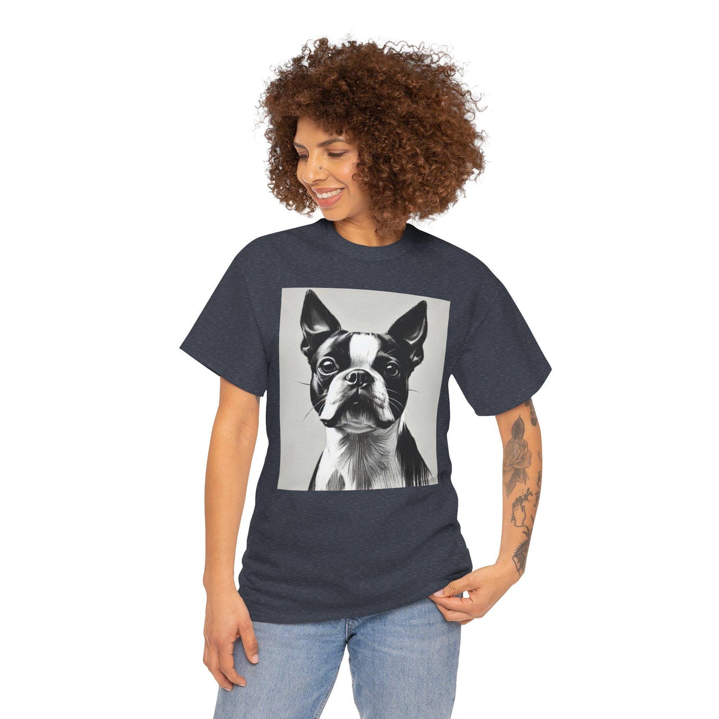 Dog Tee, Boston Terrier Charcoal Sketch Design, Unisex LGBT Boston Dog Lover Gift, Gay Graphic Top, Unisex Heavy Cotton T-shirt, 7 Colors