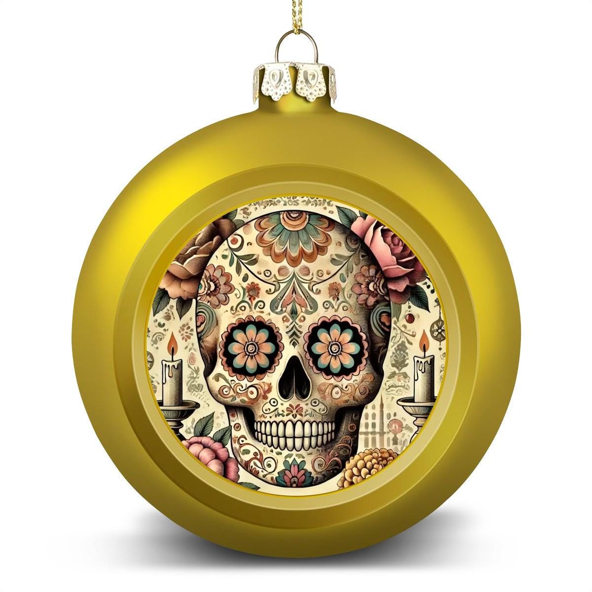 Ornament Set of 2 or 4, Festive Holiday Decor, Christmas Ball Decoration, Custom Sugar Skull Design, Dia de los Muertos, Original Tree Trim