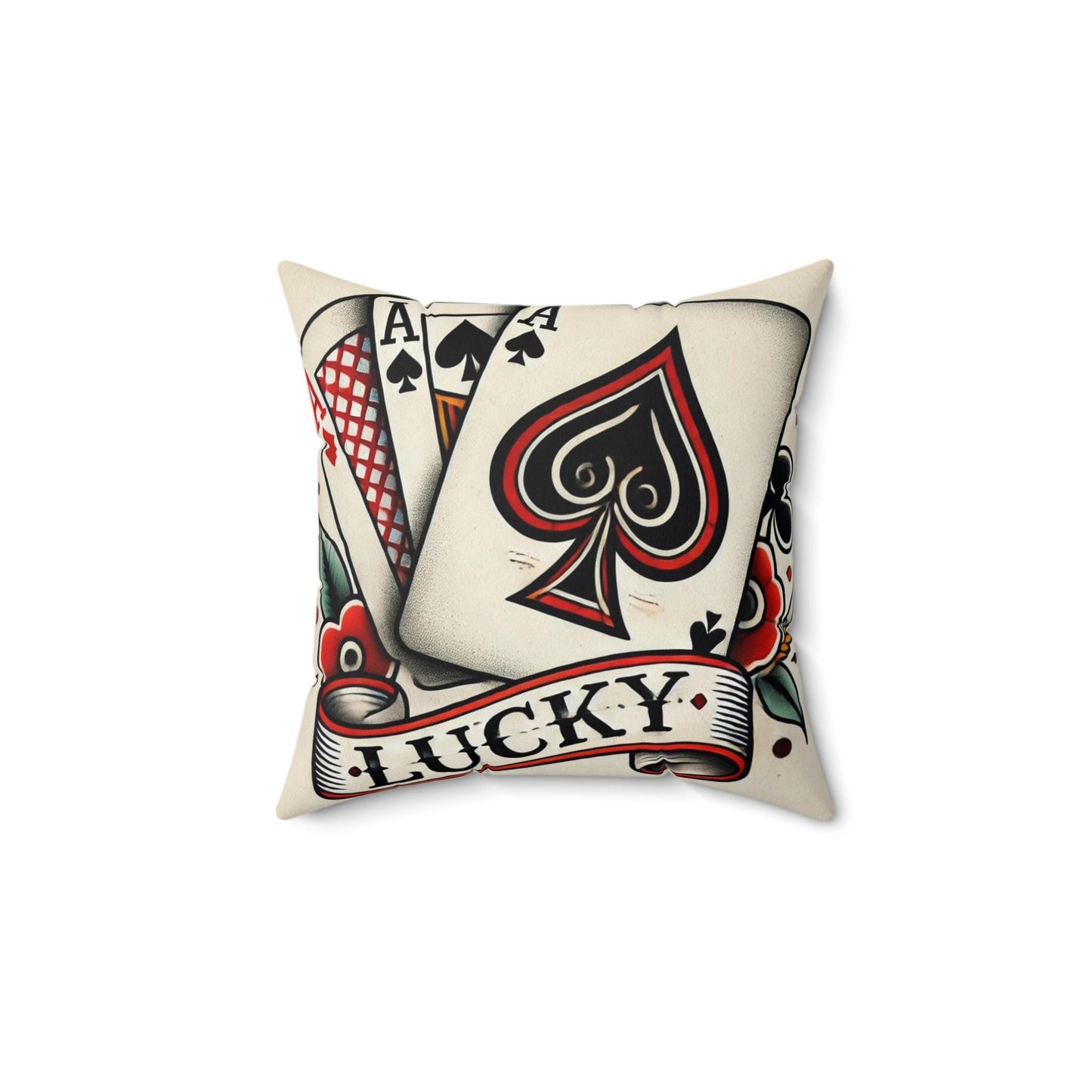 Square Pillow, Vintage Tattoo LUCKY Design, Retro Charm, Housewarming Gift, Spun Polyester Cushion Cover, Tattoo Lover, Soft Throw Pillow