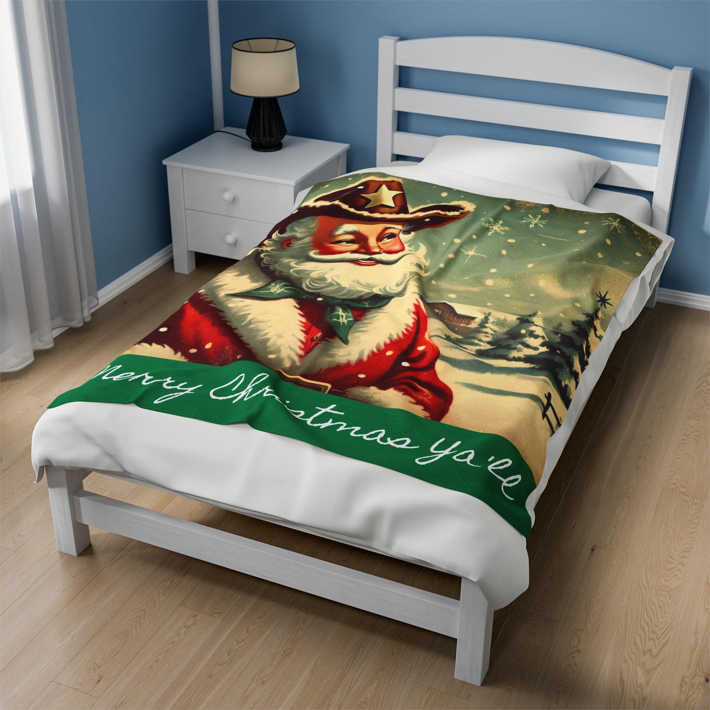 Plush Blanket, Cowboy Santa Claus Design, Fleece Throw, Housewarming Gift, Holiday Home Decor, Rustic Country Christmas Theme, Warm Bedding