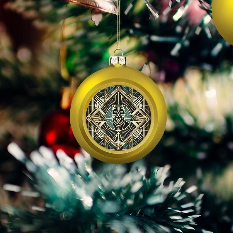 Ornament Set of 2 or 4, Festive Holiday Decor, Christmas Ball Decoration, Custom Art Deco Design, Unique Cat Lover Gift