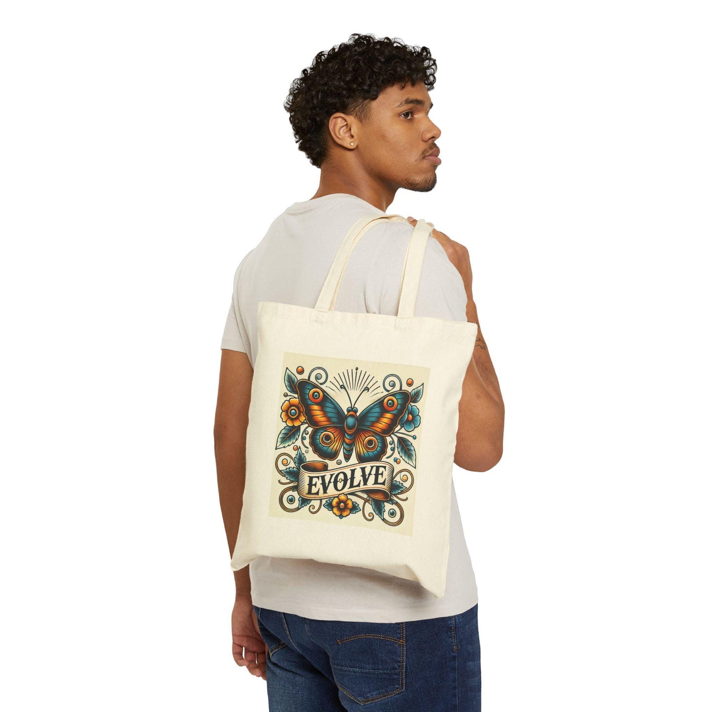 Butterfly Tote Bag, EVOLVE Vintage Tattoo Design, Durable Market Bag, Book Lover Gift, Reusable Grocery Bag, Eco-Friendly, Canvas Tote
