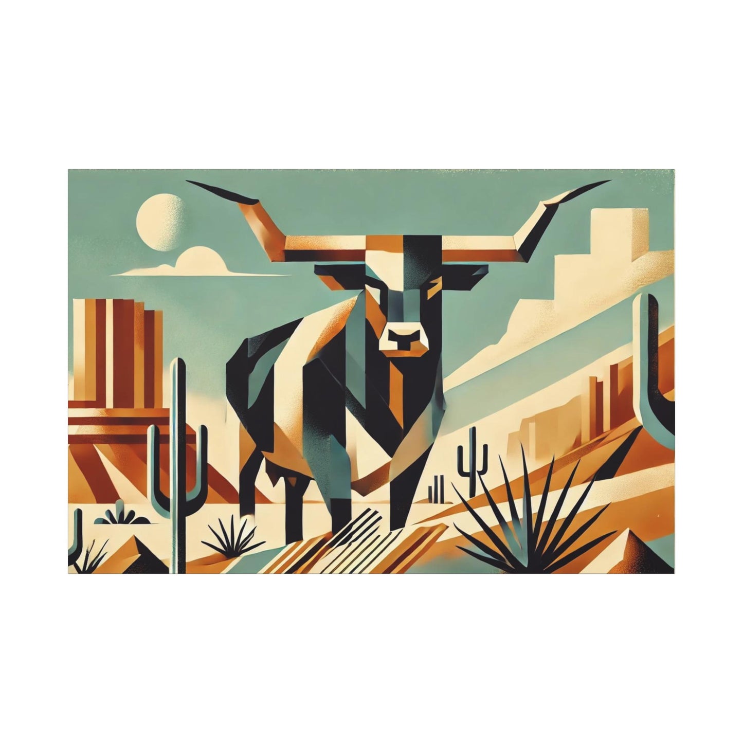 Original Modern Cubist Longhorn Canvas Print, Matte Stretched Art, 7 Sizes Available, Wall Decor, Landscape Painting, Home Office Decor