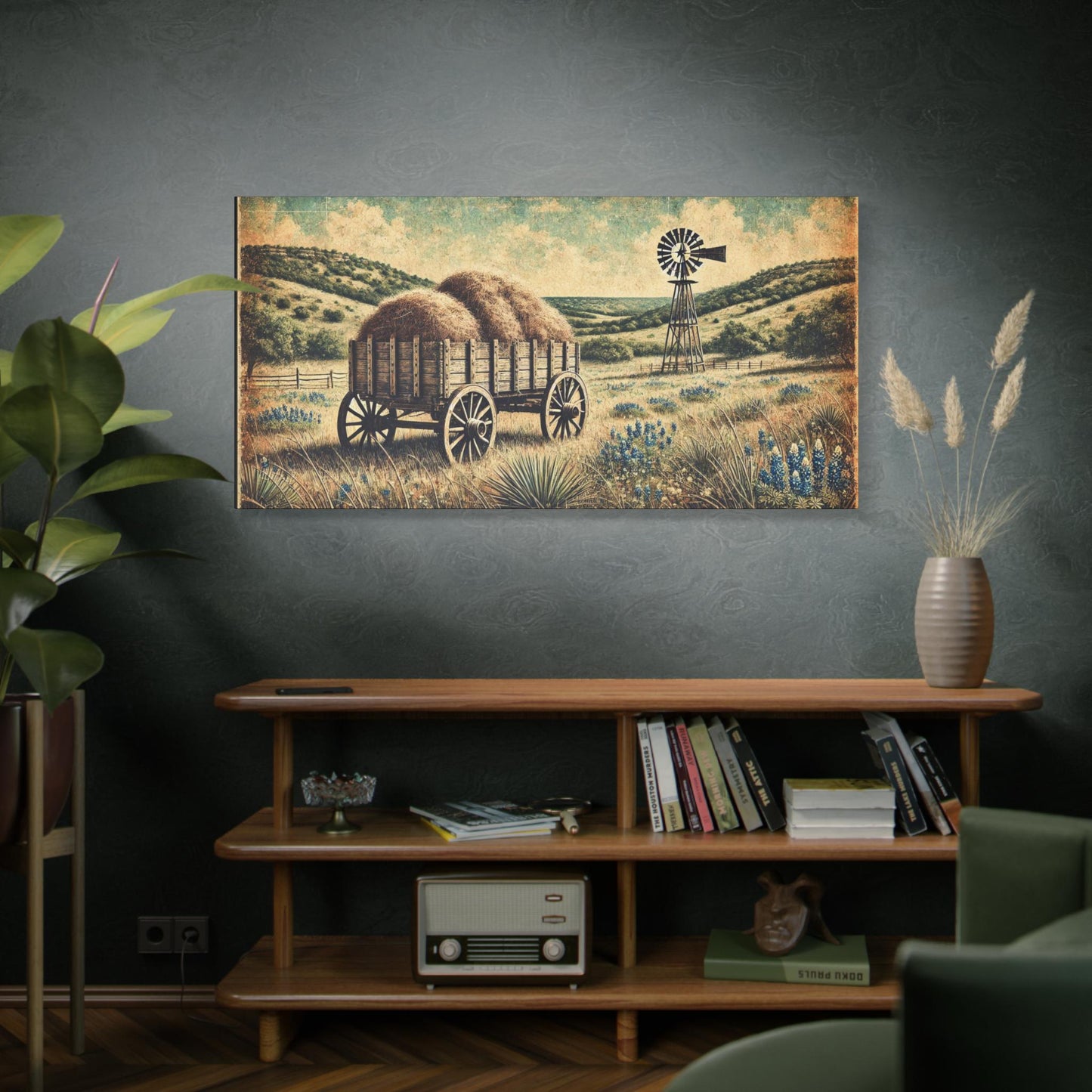 Original Primitive Folk Art Hay Wagon Canvas Print, Matte Stretched Wall Art, 7 Sizes Available, Landscape Painting, Home Office Decor
