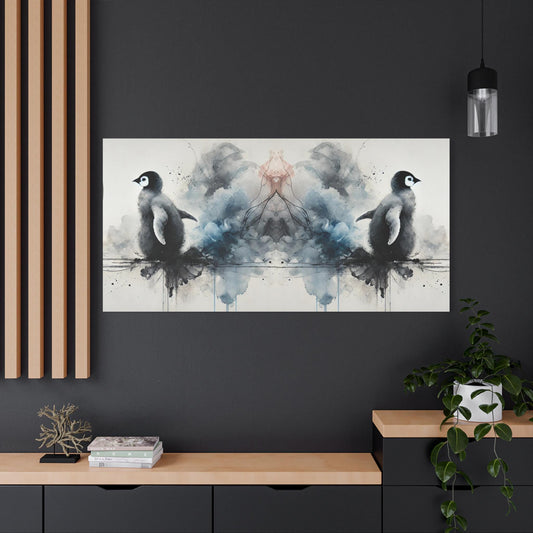 Matte Canvas Print, Original Abstract Watercolor Penguin Reflections 1 Portrait, Modern Stretched Wall Art, 7 Sizes, Home & Office Decor