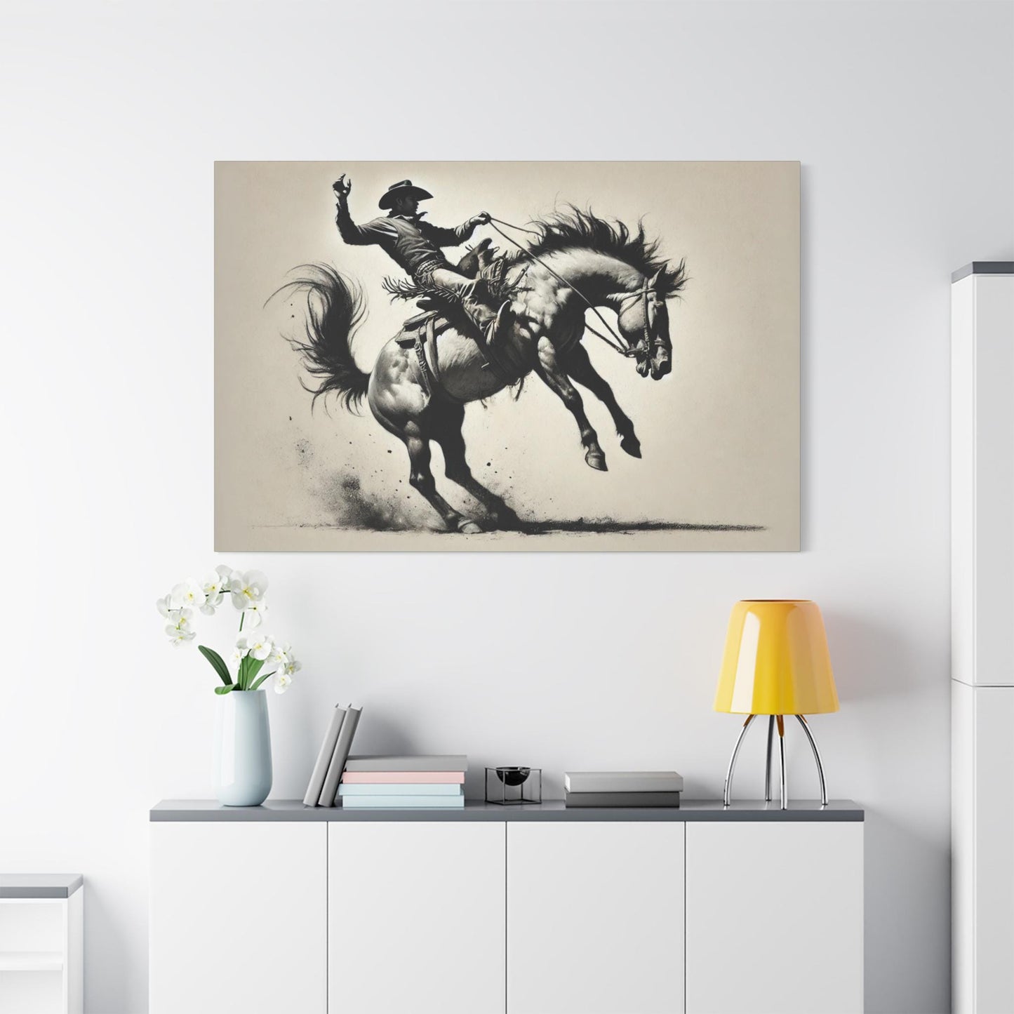 Cowboy Canvas Print, Original Charcoal Sketch, Bucking Bronco, Modern Western Matte Stretched Art, Home & Office Wall Decor, 7 Custom Sizes