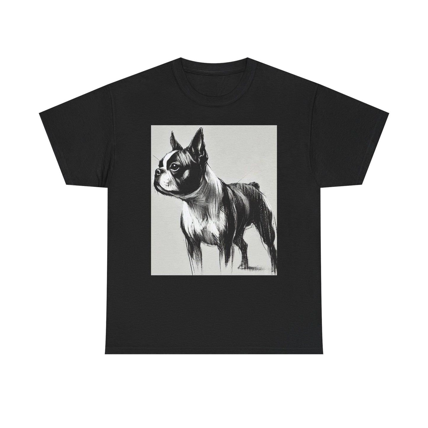 Dog Tee, Boston Terrier Charcoal Sketch Design, Unisex LGBT Boston Dog Lover Gift, Gay Graphic Top, Unisex Heavy Cotton T-shirt, 7 Colors