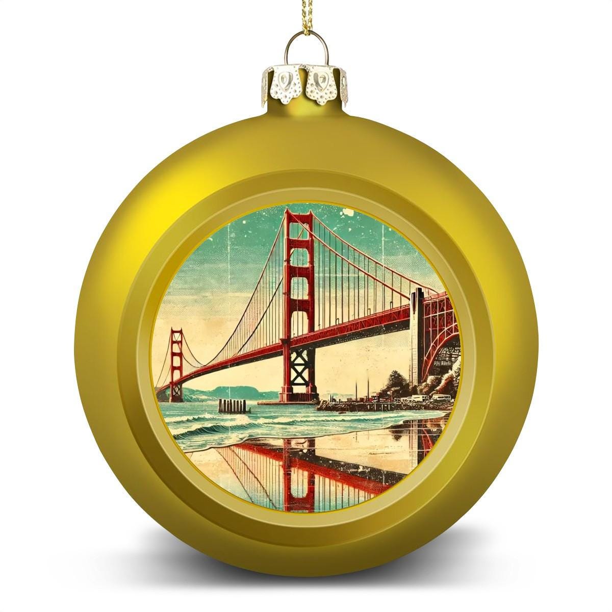 Ornament Set of 2 or 4, Festive Holiday Decor, Christmas Ball Decoration, Custom Golden Gate Bridge Design, San Francisco California Gift