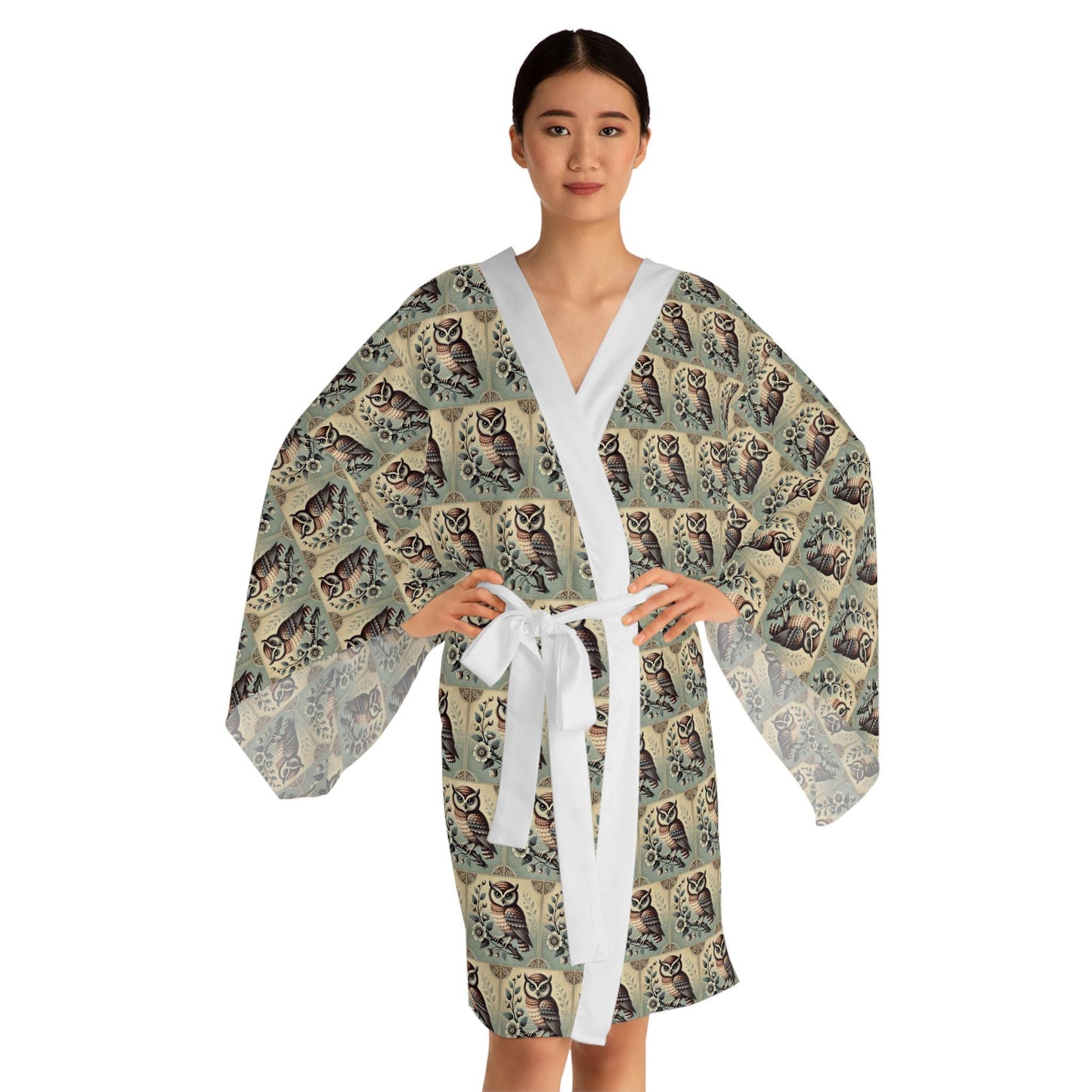 Kimono-Style Robe, Blue Owl Design, Elegant Long Sleeve Cover Up, Loungewear in Black or White Trim, Romantic Anniversary Gift