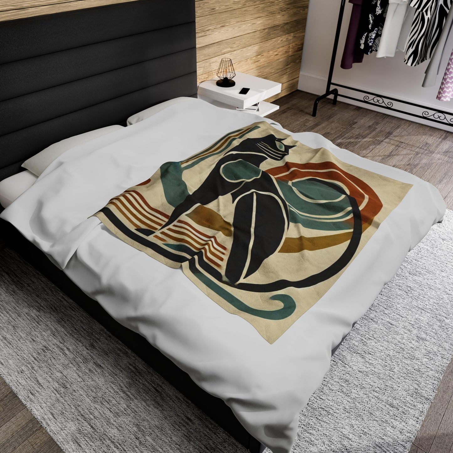 Velveteen Plush Blanket - Cat Design, Mid-Century Modern Vibe, Housewarming Gift, Fleece Throw, Warm Bedding, Cozy Home Decor, Cat Lover