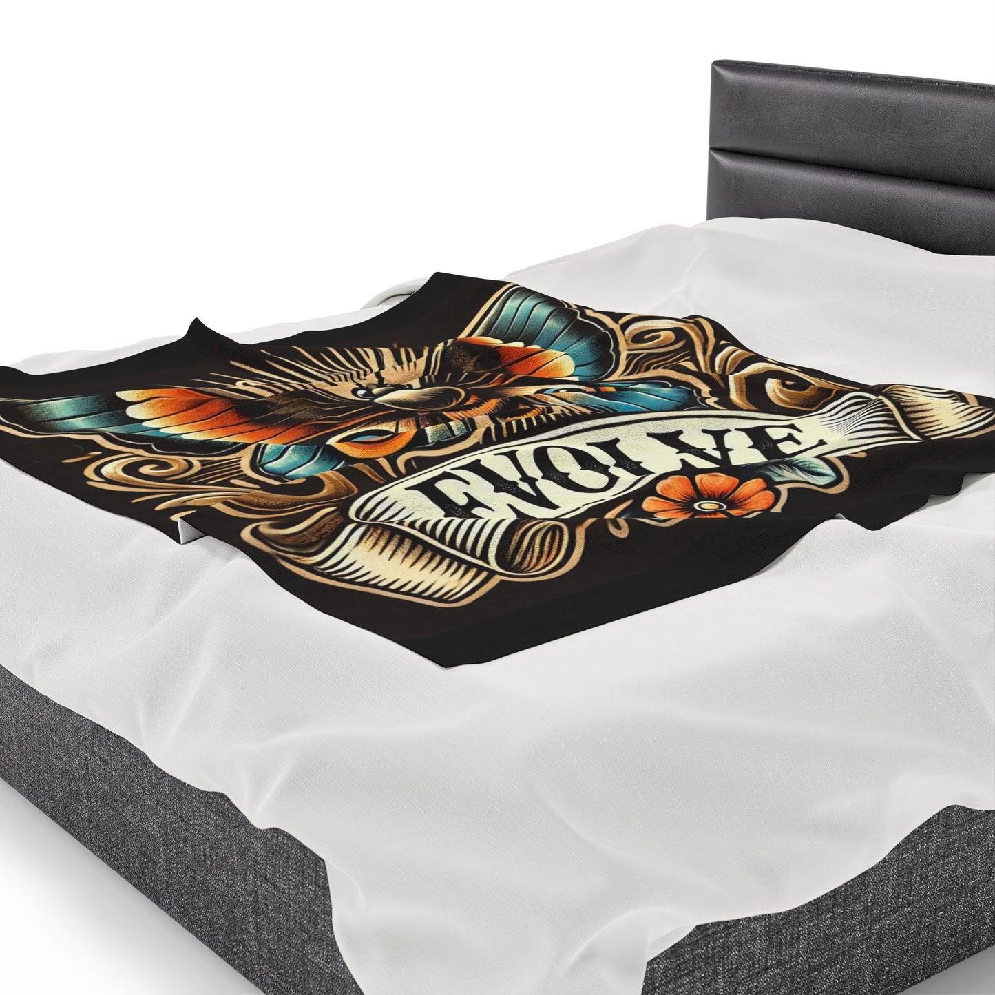 Butterly Plush Blanket - Vintage Tattoo EVOLVE Design, Fleece Throw, Housewarming Gift, Nature Theme, Warm Bedding, Tattoo Lover