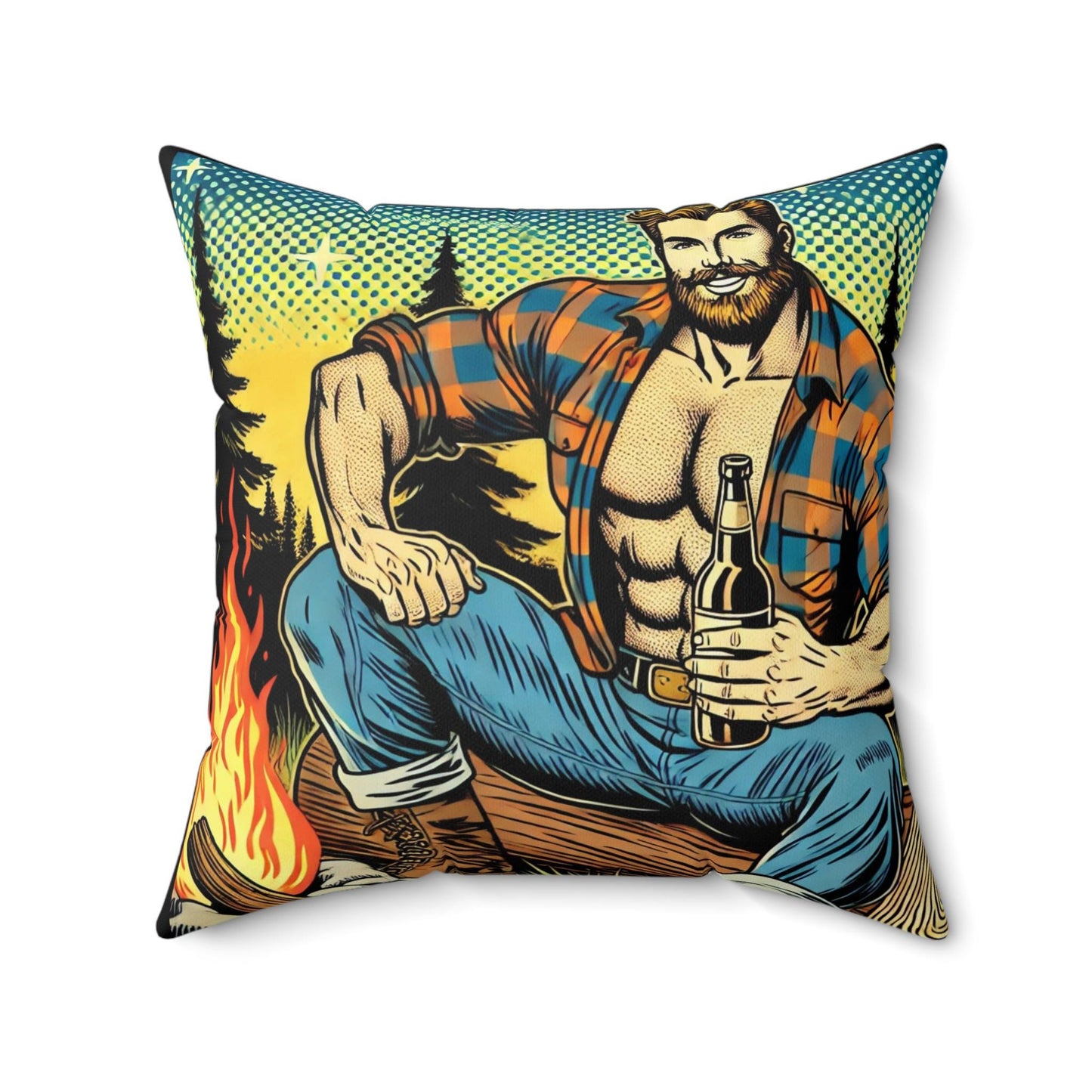 Campfire Daddy Square Pillow, Vintage Pop Art Design, Retro Charm, LGBT Housewarming Gift, Soft Throw Pillow, Gay Rough Trade, Gay Camping