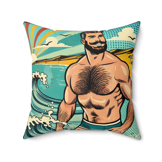 Beach Daddy Square Pillow, Vintage Pop Art Design, Retro Charm, LGBT Housewarming Gift, Beach Surfer Lover, Soft Throw Pillow, Rough Trade