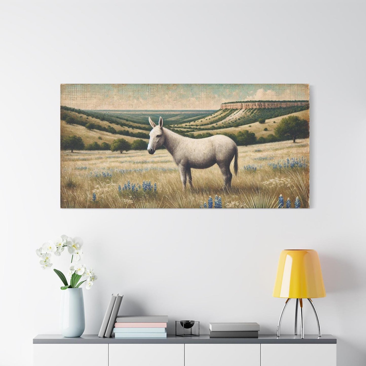 Original Primitive Folk Art Mule Canvas Print, Matte Stretched Art, 7 Sizes Available, Wall Decor, Landscape Painting, Home Office Decor