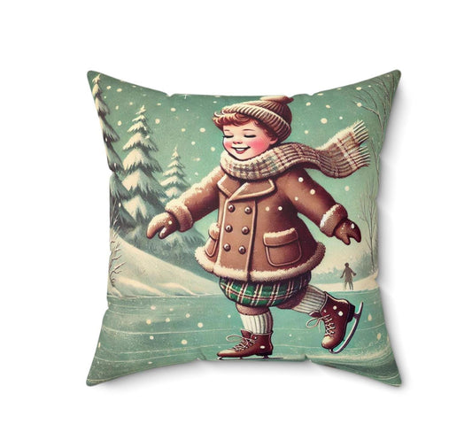 Christmas Pillow Ice Skater (14"x14" Square), Holiday Gifts and Decor, Vintage Charm