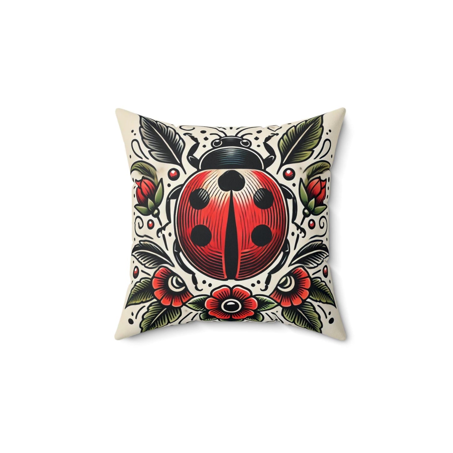 Ladybug Square Pillow, Vintage Tattoo Design, Retro Charm, Housewarming Gift, Spun Polyester Cushion Cover, Nature Lover, Soft Throw Pillow