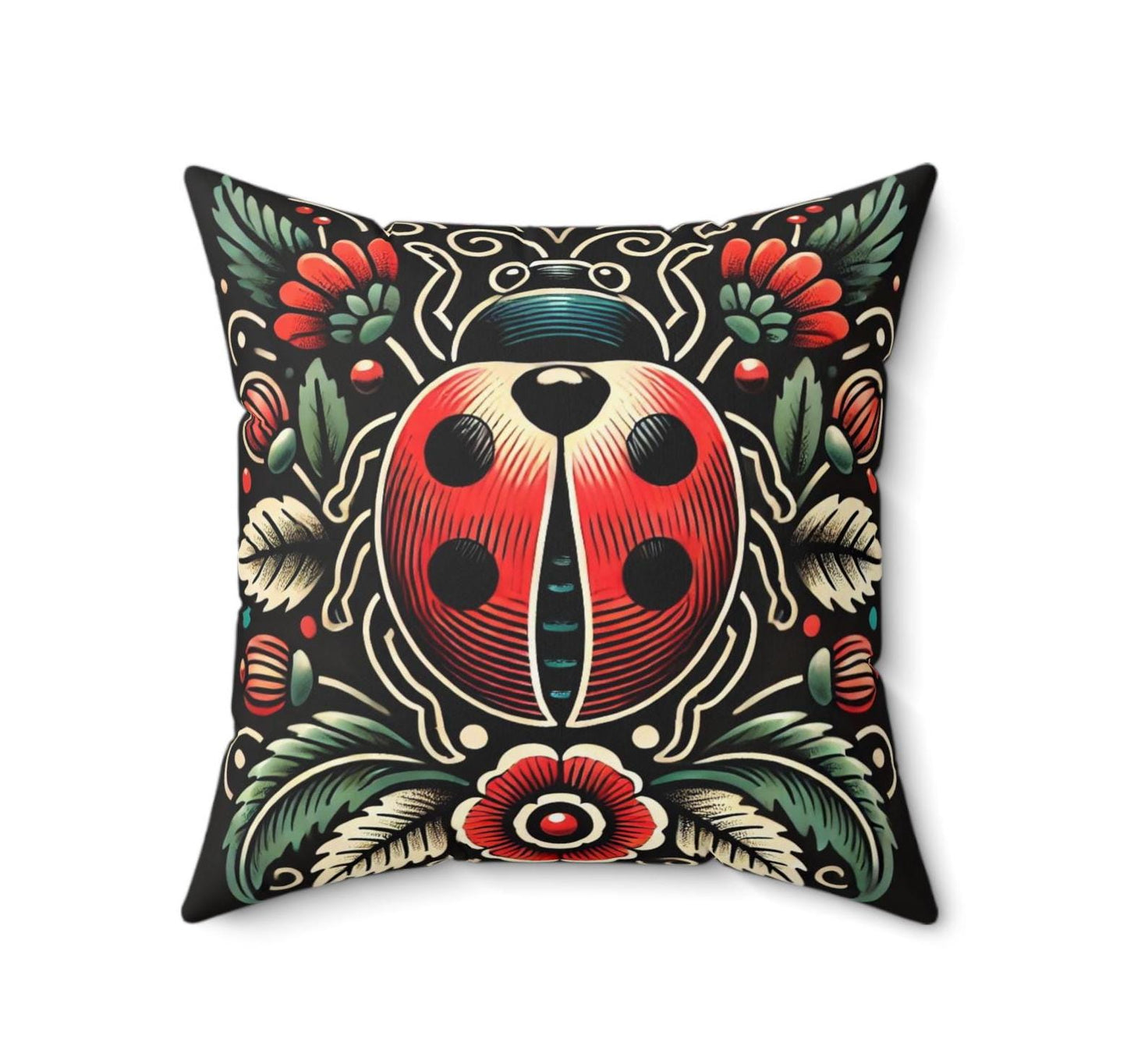Ladybug Square Pillow, Vintage Tattoo Design, Retro Charm, Housewarming Gift, Spun Polyester Cushion Cover, Nature Lover, Soft Throw Pillow