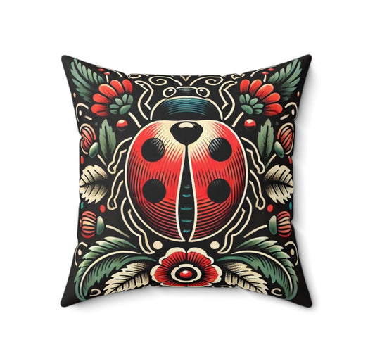Ladybug Square Pillow, Vintage Tattoo Design, Retro Charm, Housewarming Gift, Spun Polyester Cushion Cover, Nature Lover, Soft Throw Pillow