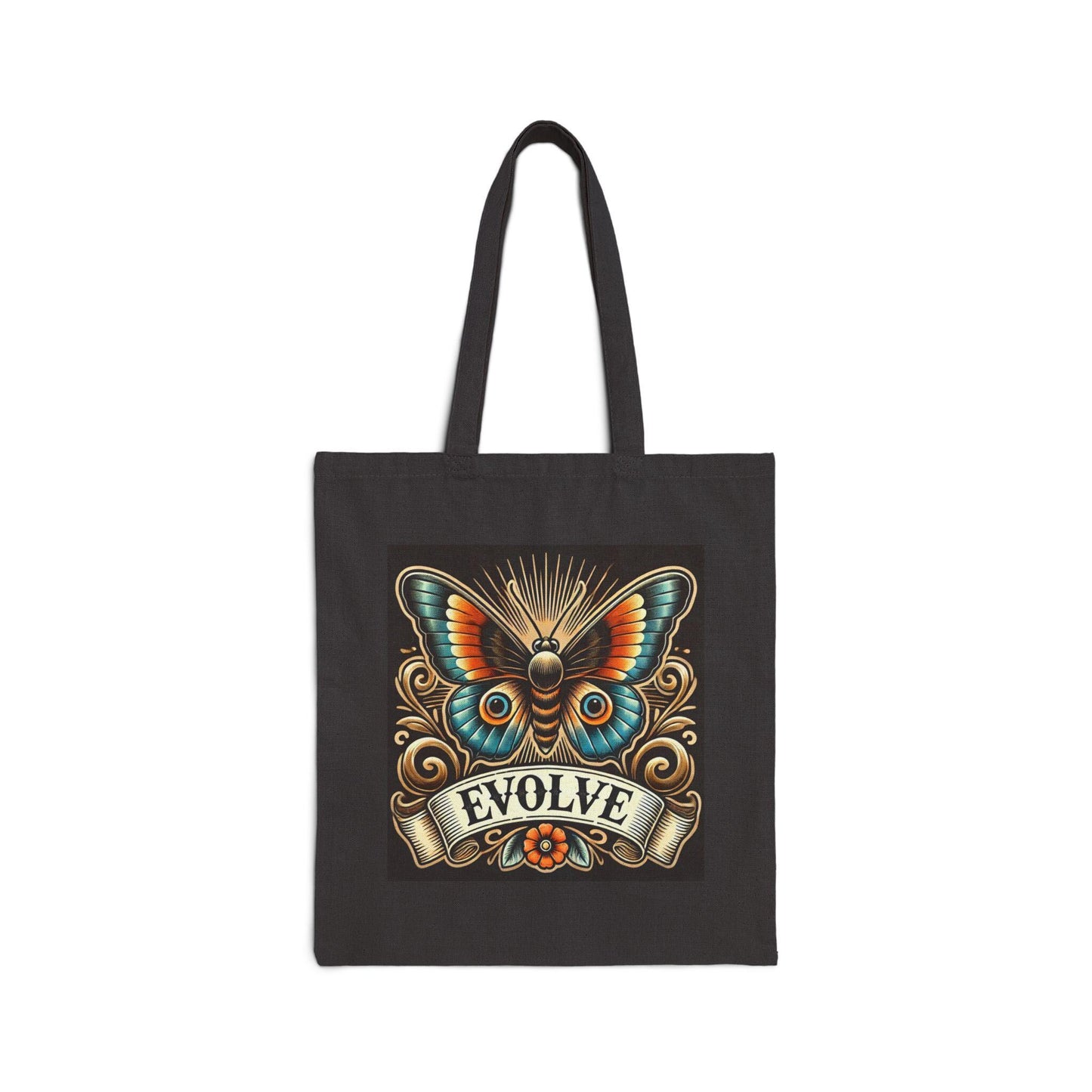 Butterfly Tote Bag, EVOLVE Vintage Tattoo Design, Durable Market Bag, Book Lover Gift, Reusable Grocery Bag, Eco-Friendly, Canvas Tote