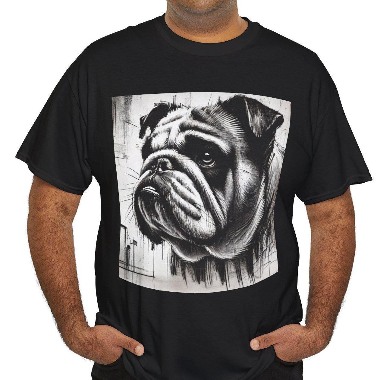 Dog Tee, Bulldog Modern Charcoal Sketch Design, Bulldog Dog Lover Graphic Top Gift, Unisex Heavy Cotton T-shirt, 7 Colors 8 Sizes
