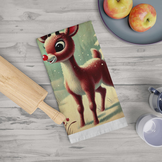 Holiday Tea Towel - Rudolph, Nostalgic Decor Dish Towel, Winter Kitchen Towel, Farmhouse Tea Towel, Christmas Gift