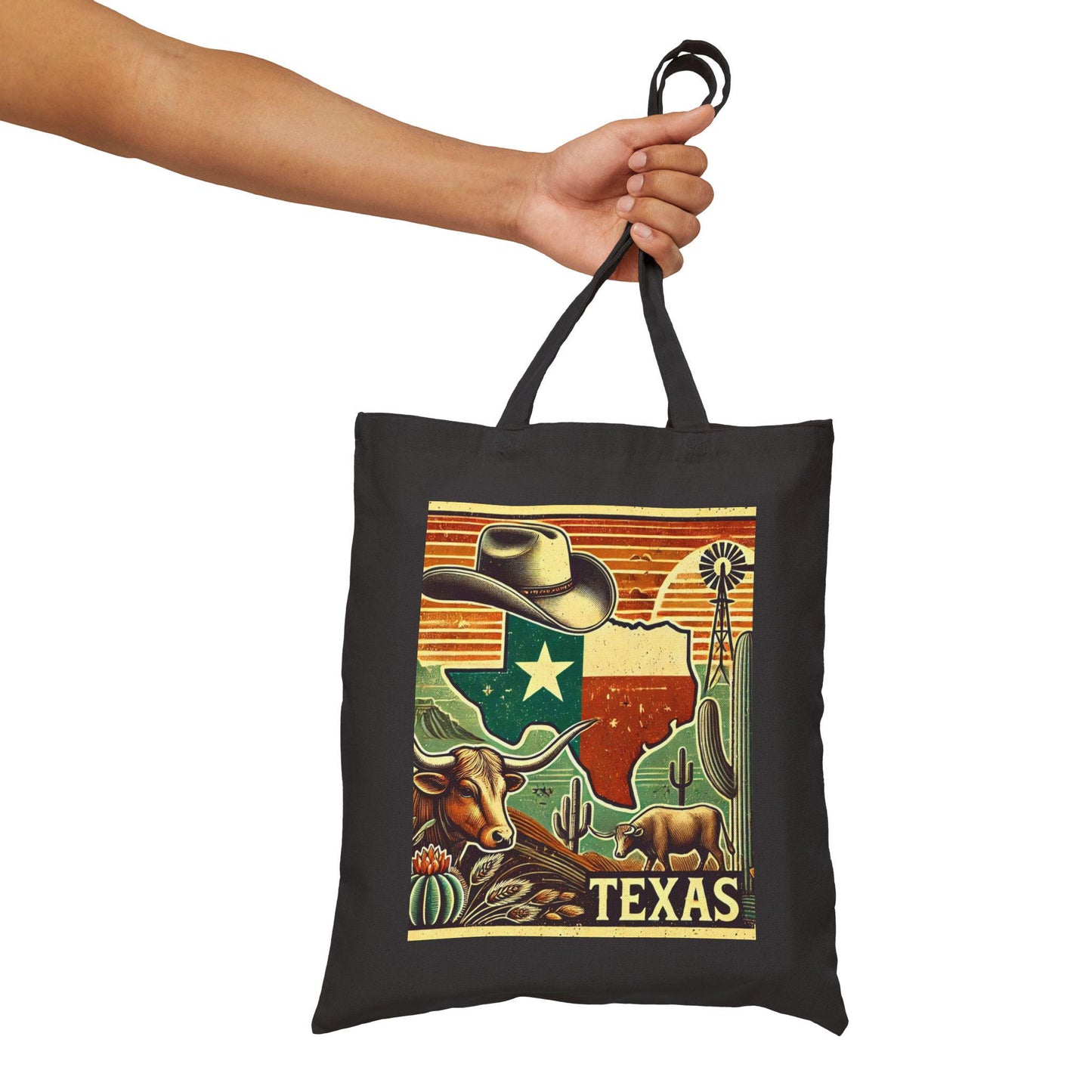 Texas Cotton Canvas Tote Bag, Texas Longhorn Design, Texas Tote, Reusable Grocery Bag, Shopping Bag