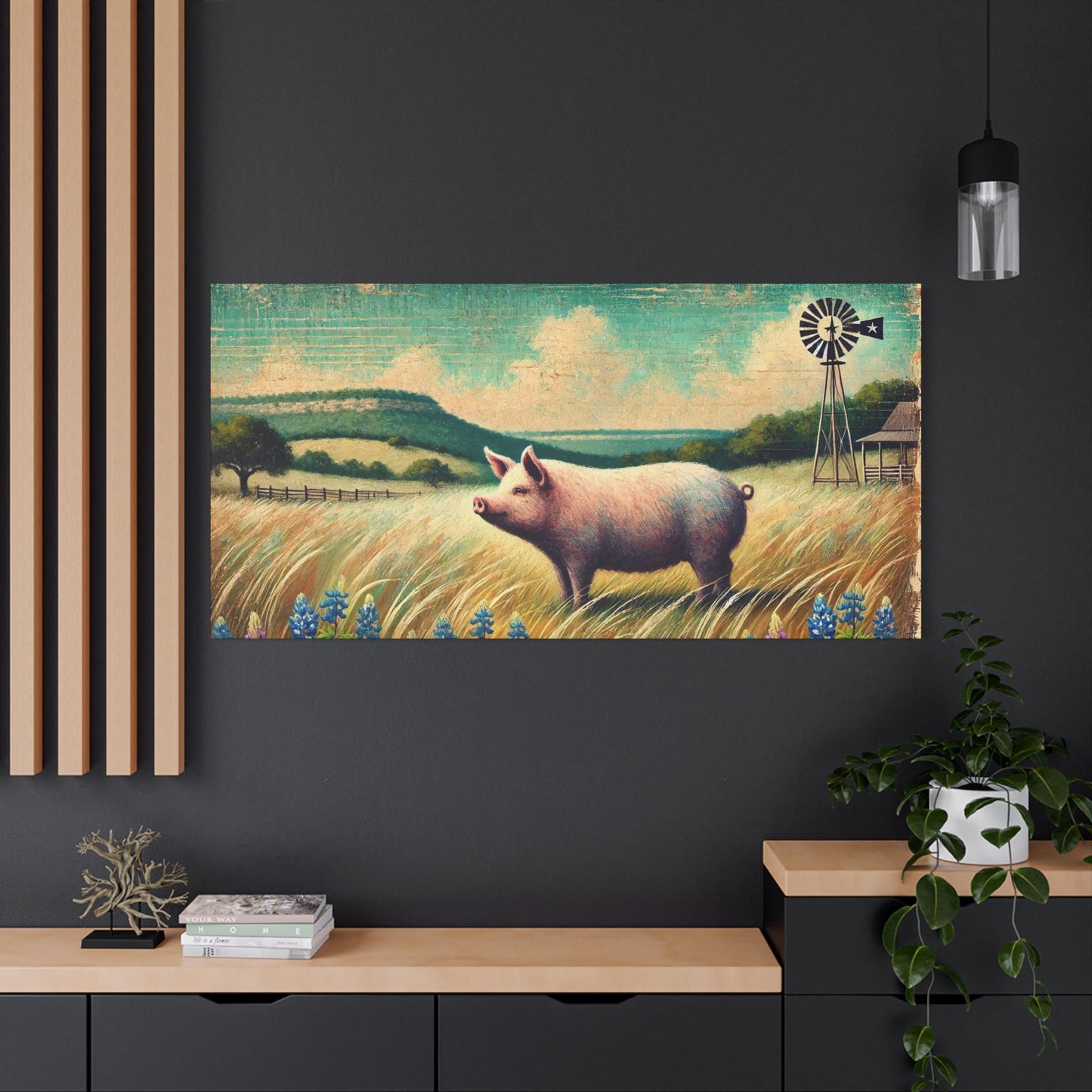 Original Primitive Folk Art Pig Canvas Print, Matte Stretched Wall Art, 7 Sizes Available, Landscape Painting, Home Office Decor, Pig Lover