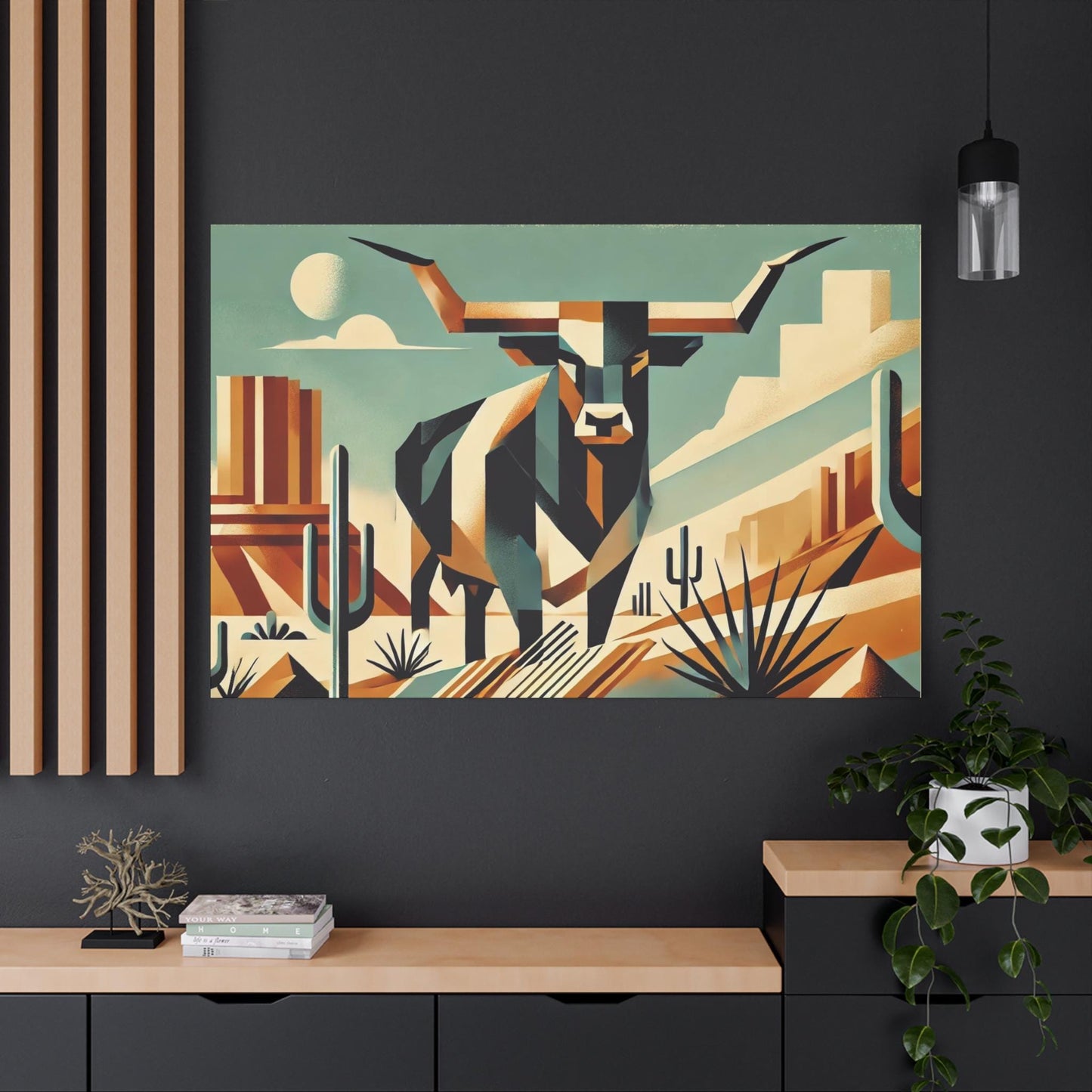 Original Modern Cubist Longhorn Canvas Print, Matte Stretched Art, 7 Sizes Available, Wall Decor, Landscape Painting, Home Office Decor