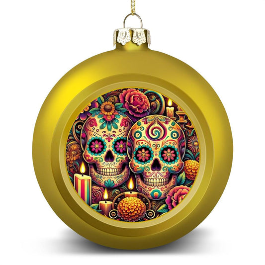 Ornament Set of 2 or 4, Festive Holiday Decor, Christmas Ball Decoration, Custom Sugar Skulls Design, Dia de los Muertos, Unique Tree Trim