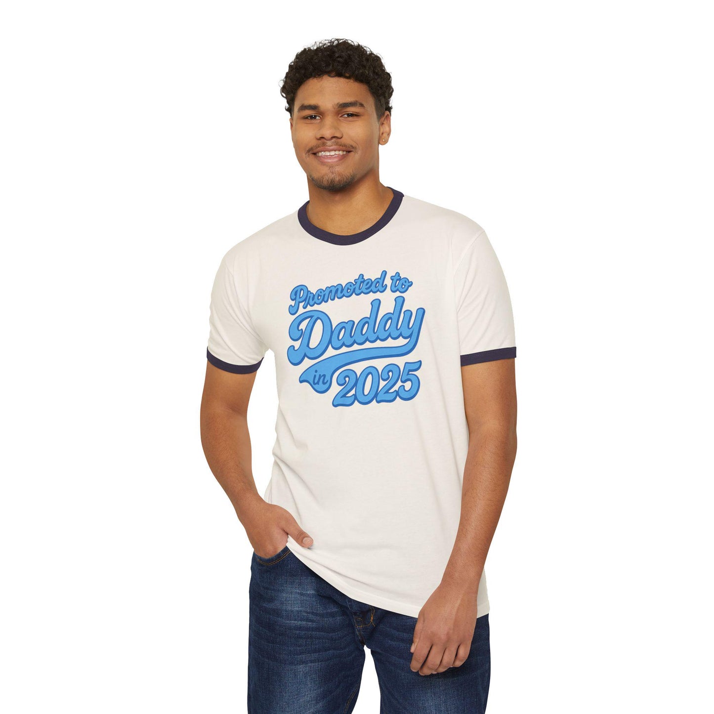 Customizable 'Promoted to Daddy 2025' Ringer T-Shirt, Father's Day Gift, New Dad Announcement Tee, Gender Reveal Shirt, Unisex Cotton Top