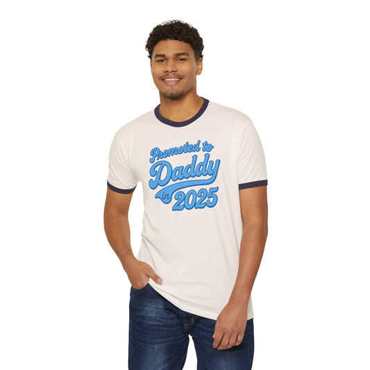 Customizable 'Promoted to Daddy 2025' Ringer T-Shirt, Father's Day Gift, New Dad Announcement Tee, Gender Reveal Shirt, Unisex Cotton Top