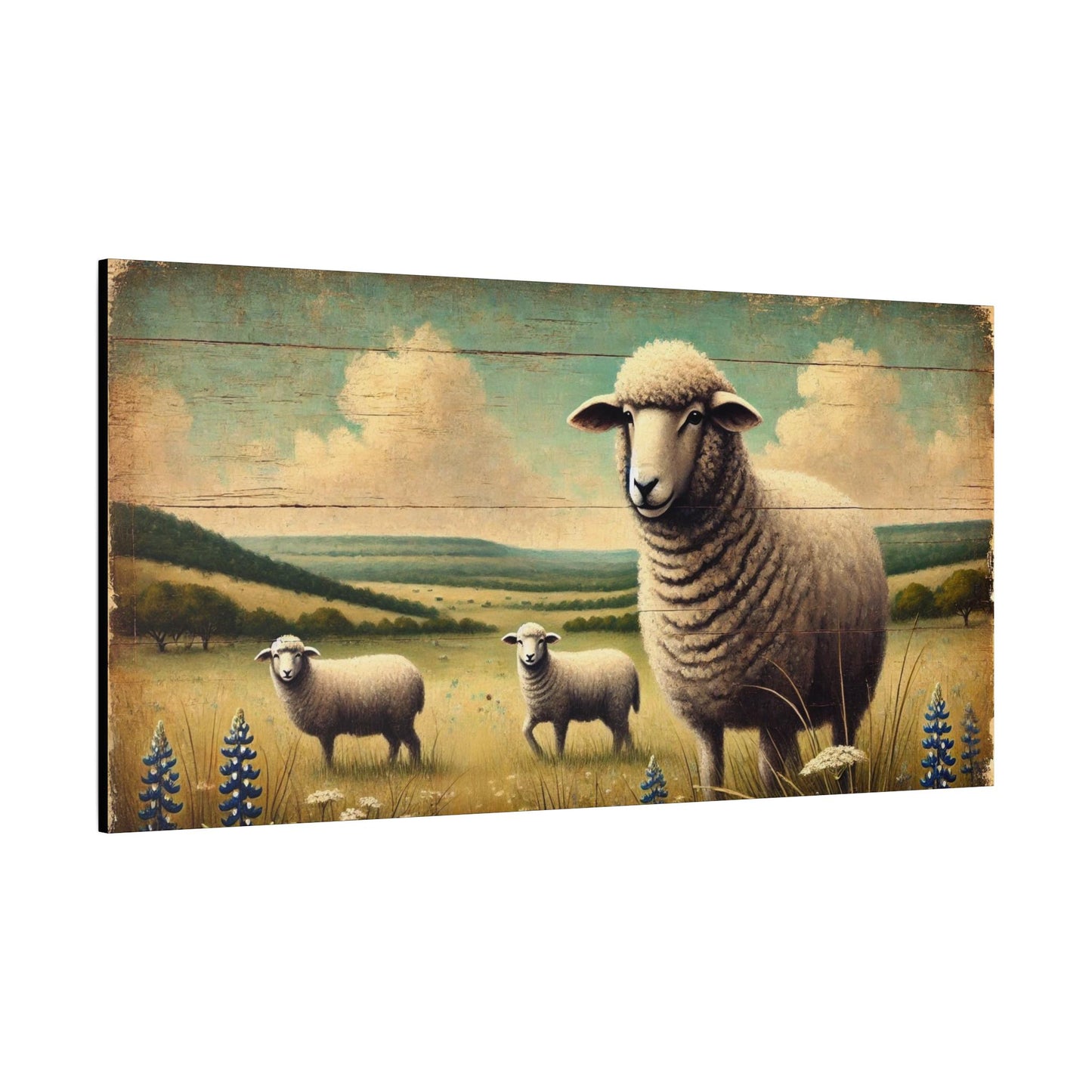 Original Primitive Folk Art Sheep Canvas Print, Matte Stretched Art, 7 Sizes Available, Wall Decor, Landscape Painting, Home Office Decor